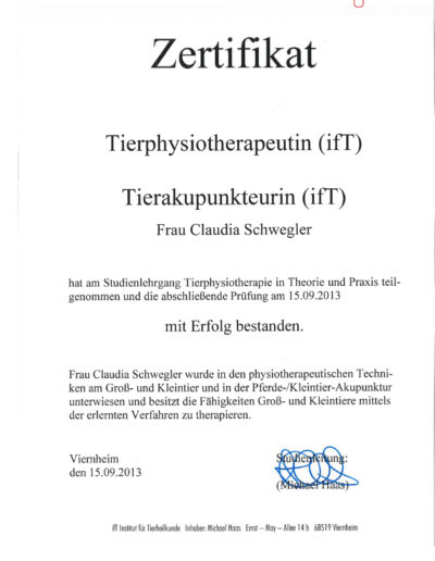 IFT-Tierphysiotherapeutin-Tierakupunkteurin